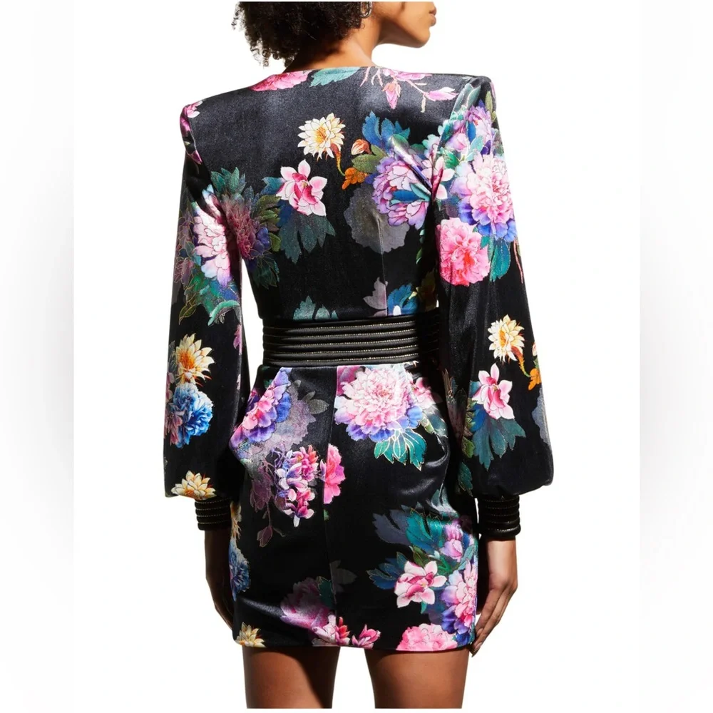 Zhivago Come Back Baby Belted Velvet Mini Floral Wrap Dress 4 Black - Picture 5 of 11